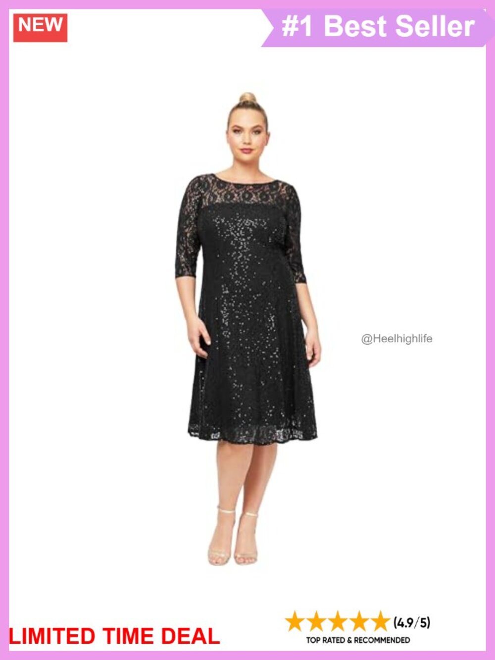 Plus Size Lace Sequin Fit & Flare Cocktail Dress 3/4 Sleeve